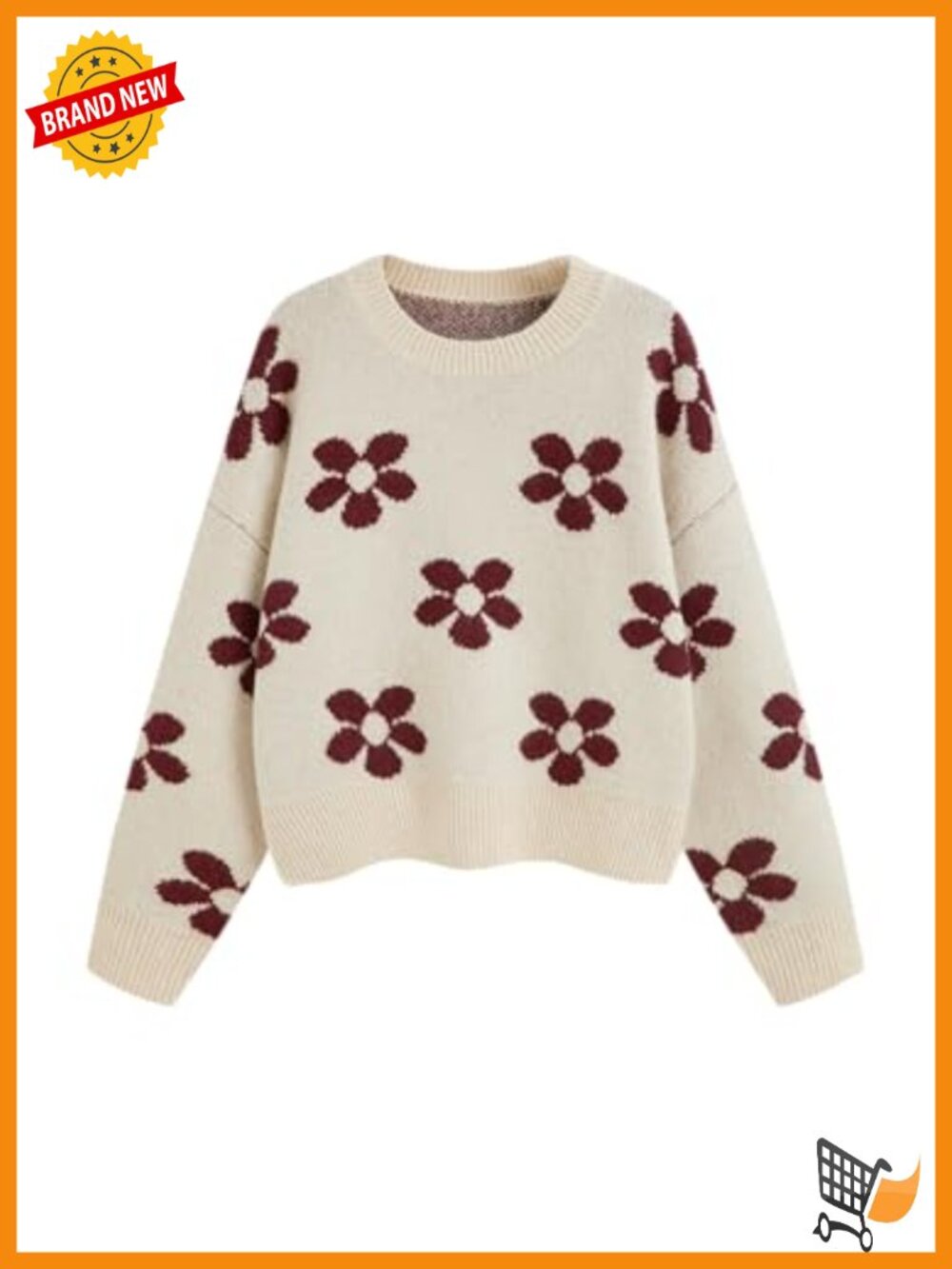 Floral Knit Sweater Long Sleeve Crew Neck Pullover Cozy Fall Top